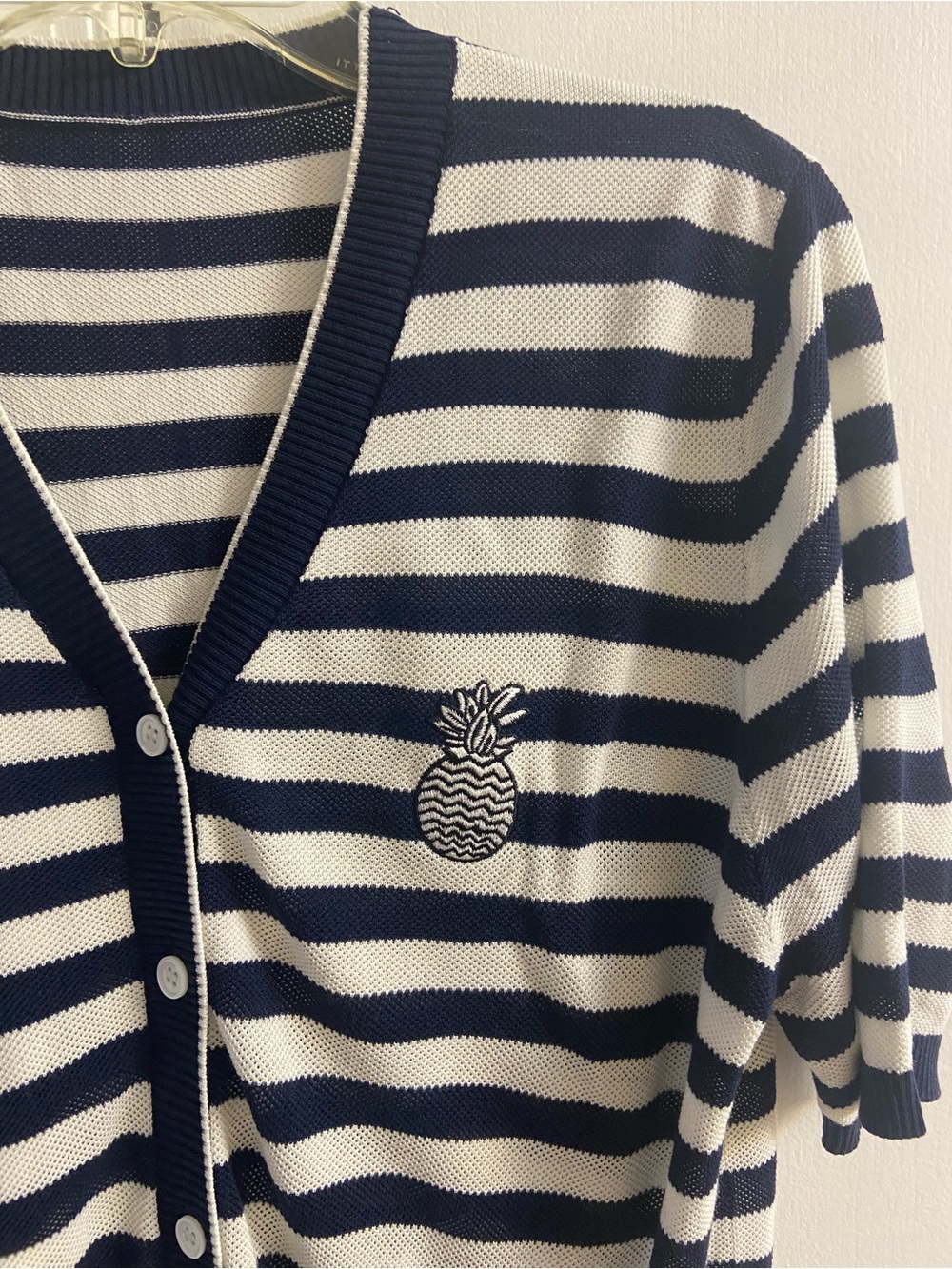 J.Crew Cardigan Sweater Large Navy White Striped V-Neck - Picture 3 of 5